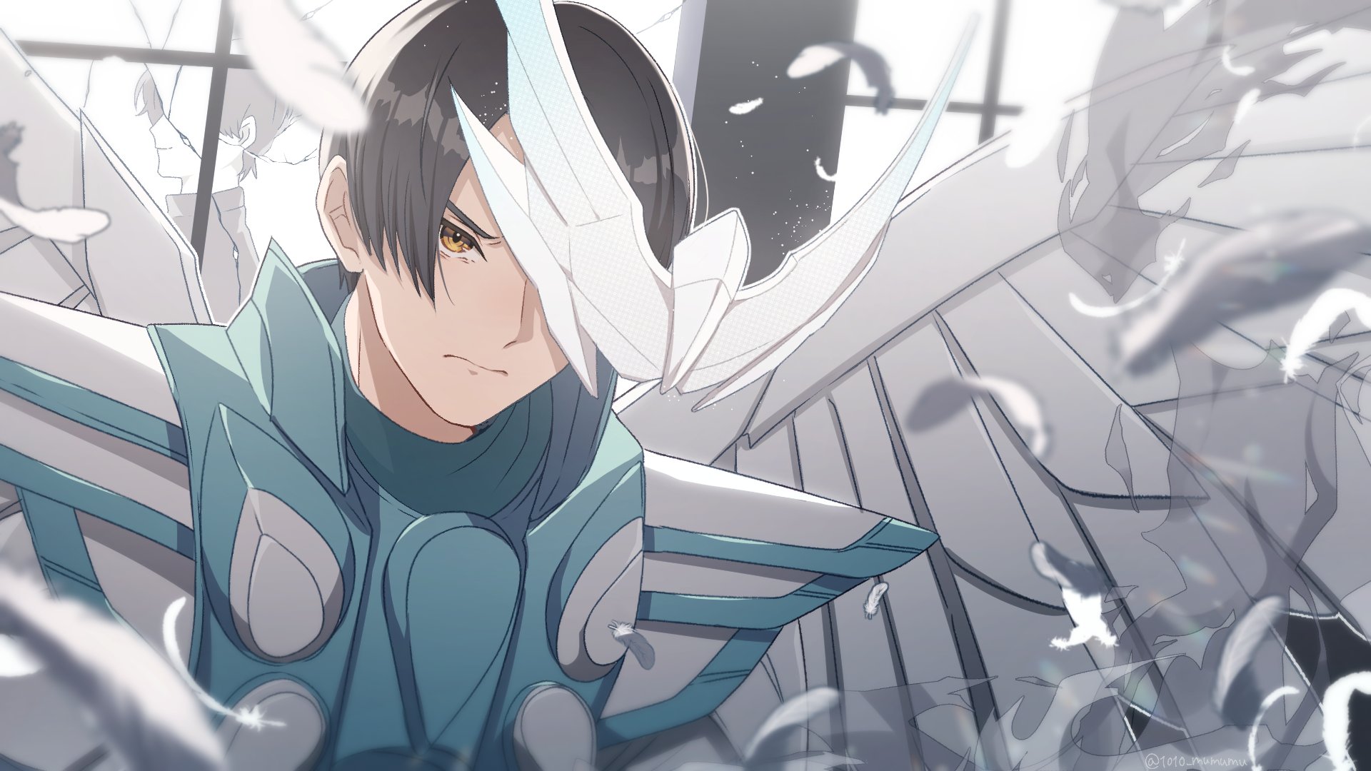 1010_mumumu 1boy angel_wings armor black_hair blue_armor bodysuit brown_eyes compound_eyes crossed_arms determined feathered_wings glowing grey_bodysuit highres holy_live igarashi_daiji indoors kamen_rider kamen_rider_live kamen_rider_revice male_focus mask short_hair spoilers unworn_mask upper_body visor weapon white_armor window wing_genome wings