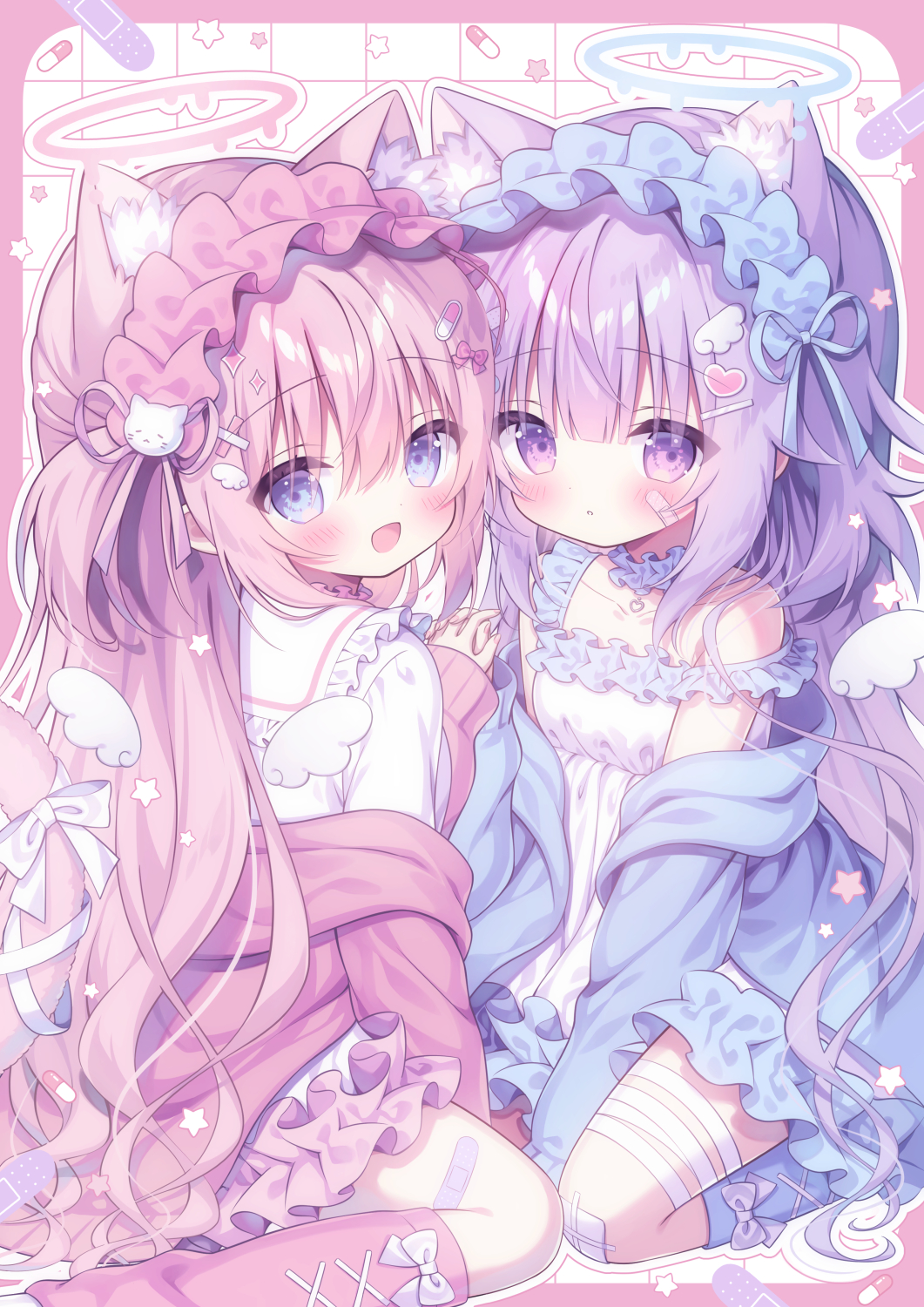2girls animal_ear_fluff animal_ears aqua_eyes aqua_halo aqua_jacket aqua_leg_warmers aqua_ribbon bandaged_leg bandages bandaid bandaid_on_leg bandaid_print blush border bow cat_ears cat_girl cat_hair_ornament cat_tail collar commentary detached_collar dress frilled_collar frilled_dress frilled_sailor_collar frills hair_between_eyes hair_ornament halo heart heart_hair_ornament highres jacket kamishiro_piyo leg_warmers long_hair long_sleeves looking_at_viewer maid_headdress multiple_girls open_clothes open_jacket open_mouth original pill pill_hair_ornament pill_print pink_border pink_halo pink_jacket pink_leg_warmers pink_ribbon purple_eyes ribbon sailor_collar shirt sidelocks sitting sparkle_hair_ornament star_(symbol) symbol-only_commentary tail tail_bow tail_ornament very_long_hair wariza white_dress white_sailor_collar white_shirt white_wings wing_hair_ornament wings yami_kawaii yume_kawaii