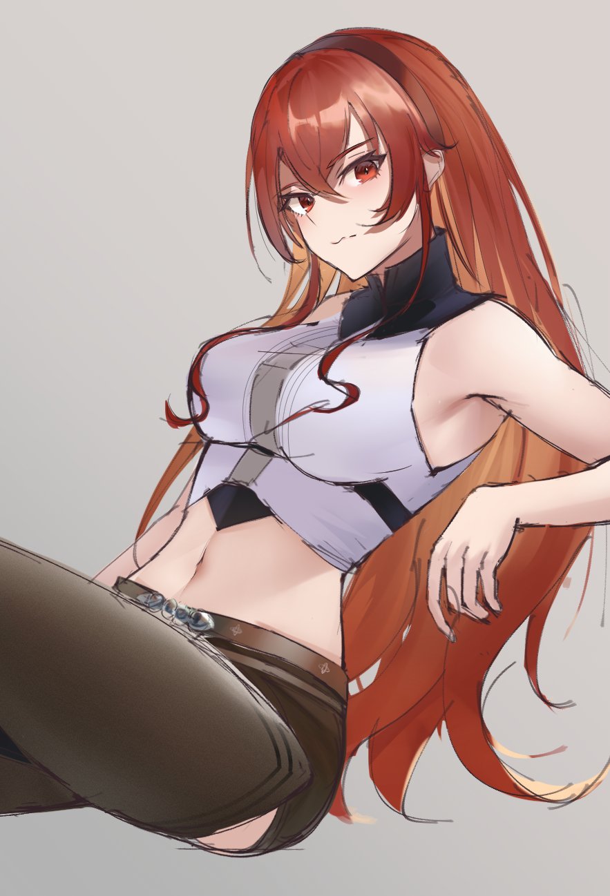 1girl aged_up ahoge armpits black_shorts blush breasts brown_hairband chaps cowboy_shot crop_top eris_greyrat hair_between_eyes hairband highres leaning_back long_hair looking_at_viewer midriff mushoku_tensei navel rausu_(undeadmachine) red_eyes red_hair shirt short_shorts shorts sidelocks sitting sleeveless sleeveless_shirt solo very_long_hair white_shirt