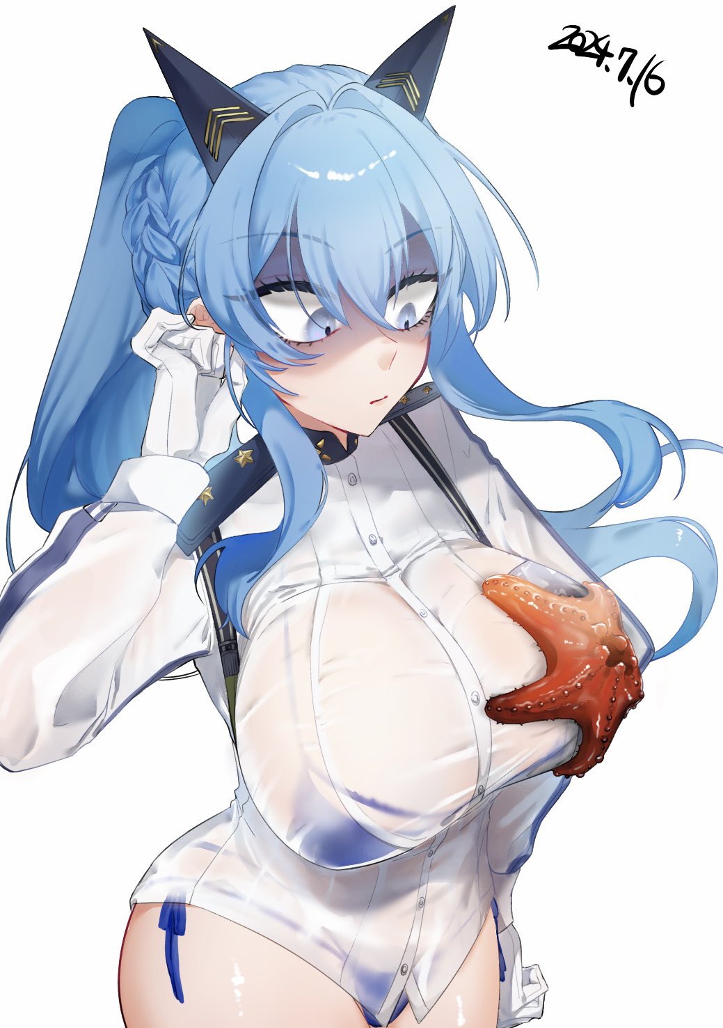 1girl bibie307 bikini bikini_under_clothes blue_bikini blue_eyes blue_hair braid breasts gloom_(expression) gloves goddess_of_victory:_nikke hair_intakes helm_(aqua_marine)_(nikke) helm_(nikke) highres large_breasts long_hair long_sleeves official_alternate_costume ponytail see-through_clothes see-through_shirt shaded_face shirt solo starfish swimsuit turn_pale wet wet_clothes wet_jacket wet_shirt white_gloves