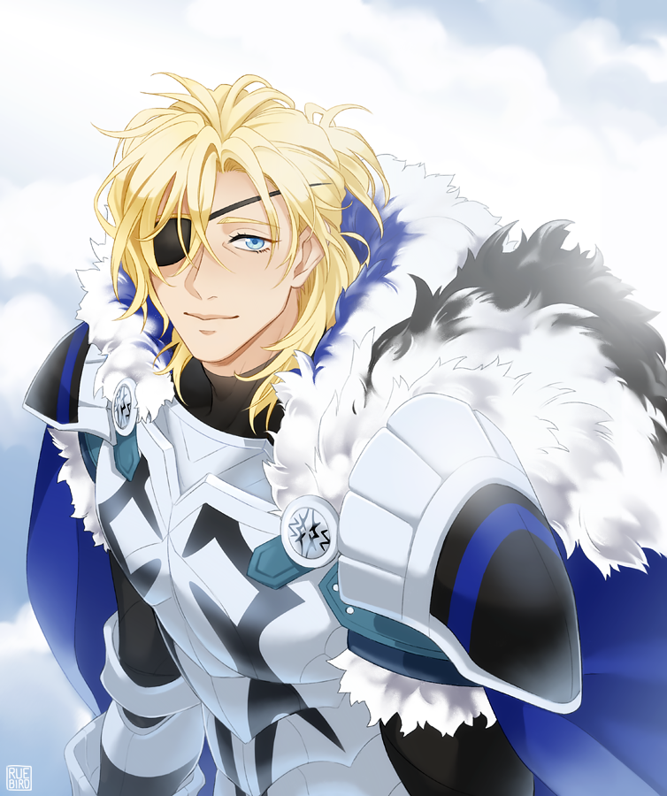 1boy armor armored_gloves black_fur blonde_hair blue_cape breastplate cape cloud cloudy_sky commentary dimitri_alexandre_blaiddyd dimitri_alexandre_blaiddyd_(timeskip) english_commentary eyepatch fire_emblem fire_emblem:_three_houses fur-trimmed_cape fur_trim looking_at_viewer male_focus nintendo one_eye_covered pauldrons ponytail ruebird short_ponytail shoulder_armor sky smile solo upper_body white_armor white_fur