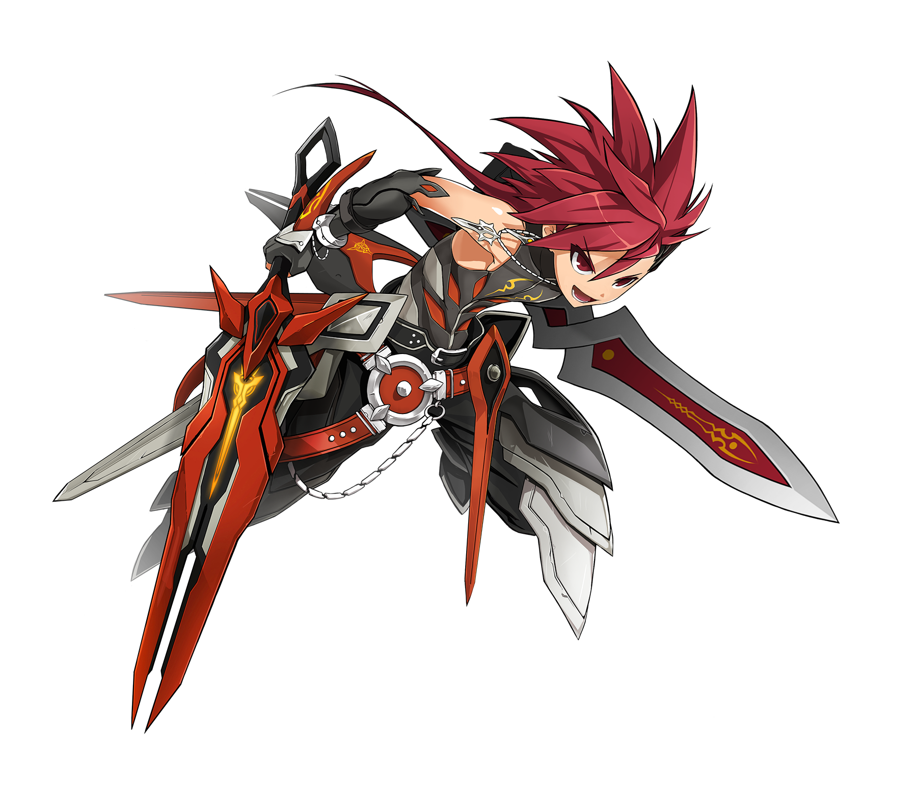 1boy armor armored_boots asymmetrical_hair attack belt black_belt black_hood black_pants black_sleeves boots bracelet detached_sleeves dot_nose dual_wielding elsword elsword_(character) eyelashes faulds fighting_stance full_body game_cg gauntlets grey_boots grey_shirt hair_between_eyes highres holding holding_sword holding_weapon hood hood_down huge_weapon jewelry knee_up leaning_forward long_hair long_sleeves long_sword looking_ahead lower_teeth_only male_focus multiple_belts necklace official_art open_mouth pants red_belt red_eyes red_hair ress running second-party_source shirt sleeveless sleeveless_shirt smile solo spiked_hair studded_belt sword teeth tsurime v-shaped_eyebrows weapon