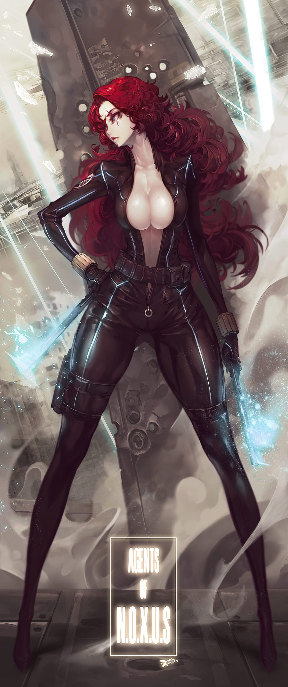 1girl alternate_hairstyle baton belt big_hair black_gloves black_widow black_widow_(cosplay) bodysuit breasts bullet_hole center_opening cleavage collarbone cosplay curly_hair dual_wielding duto energy_weapon female_focus full-length_zipper full_body gloves glowing glowing_weapon hair_over_one_eye hand_on_own_hip highres holding holding_weapon holster impossible_bodysuit impossible_clothes katarina_(league_of_legends) knife large_breasts league_of_legends legs_apart light_particles light_rays lips long_hair long_sleeves looking_to_the_side marvel natasha_romanoff neon_trim no_bra pouch red_hair scar scar_across_eye scar_on_face signature skin_tight smoke solo standing thigh_strap unzipped weapon zipper