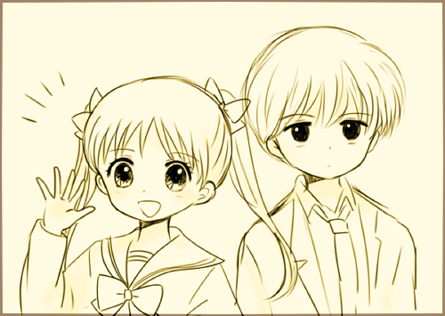 1990s_(style) 1boy 1girl ayu_(mog) bad_id bad_pixiv_id hayama_akito kodomo_no_omocha kurata_sana long_hair lowres monochrome necktie open_mouth school_uniform serafuku short_hair twintails upper_body waving
