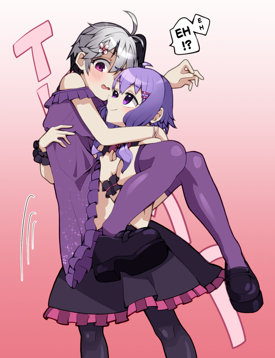 2girls black_dress black_pantyhose black_shoes blush carrying closed_mouth commentary dress english_commentary english_text flower flower_(vocaloid) gradient_background grey_hair hair_flower hair_ornament hand_on_another&#039;s_back highres long_hair multiple_girls n0_image off-shoulder_dress off_shoulder open_mouth pantyhose pink_background pink_flower princess_carry purple_dress purple_eyes purple_hair purple_thighhighs shoes short_hair smile speech_bubble thighhighs vocaloid white_background yuri yuzuki_yukari