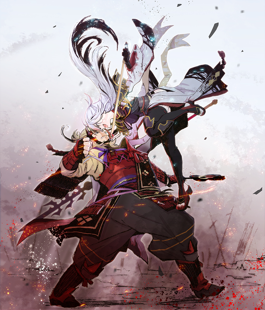 1boy 1girl armor asatsuki_kamo black_hair black_thighhighs blood blood_on_clothes clenched_hand colored_inner_hair fake_horns fate/grand_order fate_(series) grey_hair gunbai holding holding_sword holding_weapon horned_headwear horns japanese_armor long_hair multicolored_hair nagao_kagetora_(fate) sword takeda_shingen_(fate) thighhighs war_fan weapon white_hair wide_sleeves