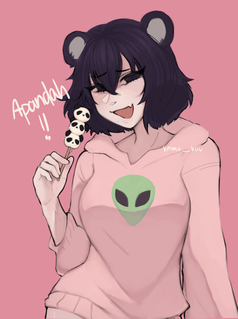 1girl animal_ears apandah_(youtube) artist_request bear_ears black_hair dango eyelashes fang female_focus food genderswap genderswap_(mtf) hair_between_eyes holding holding_food hood hoodie long_sleeves looking_at_viewer open_mouth panda panda_ears pink_background pink_hoodie raised_eyebrows simple_background skin_fang smile smug solo solo_focus tagme wagashi youtube