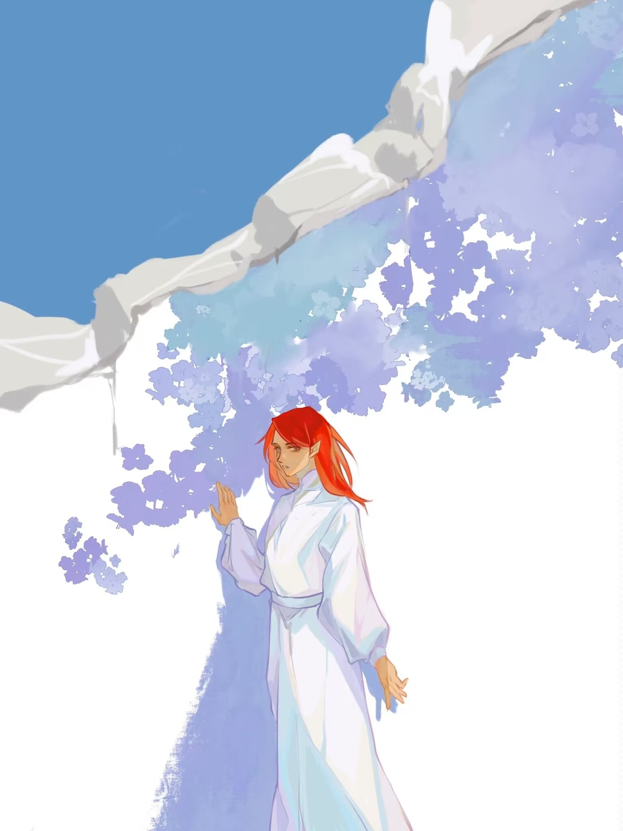 1boy day elf looking_at_viewer maedhros male_focus parted_lips pointy_ears prince red_hair robe shadow sky solo standing sulime teeth the_silmarillion tolkien&#039;s_legendarium white_robe