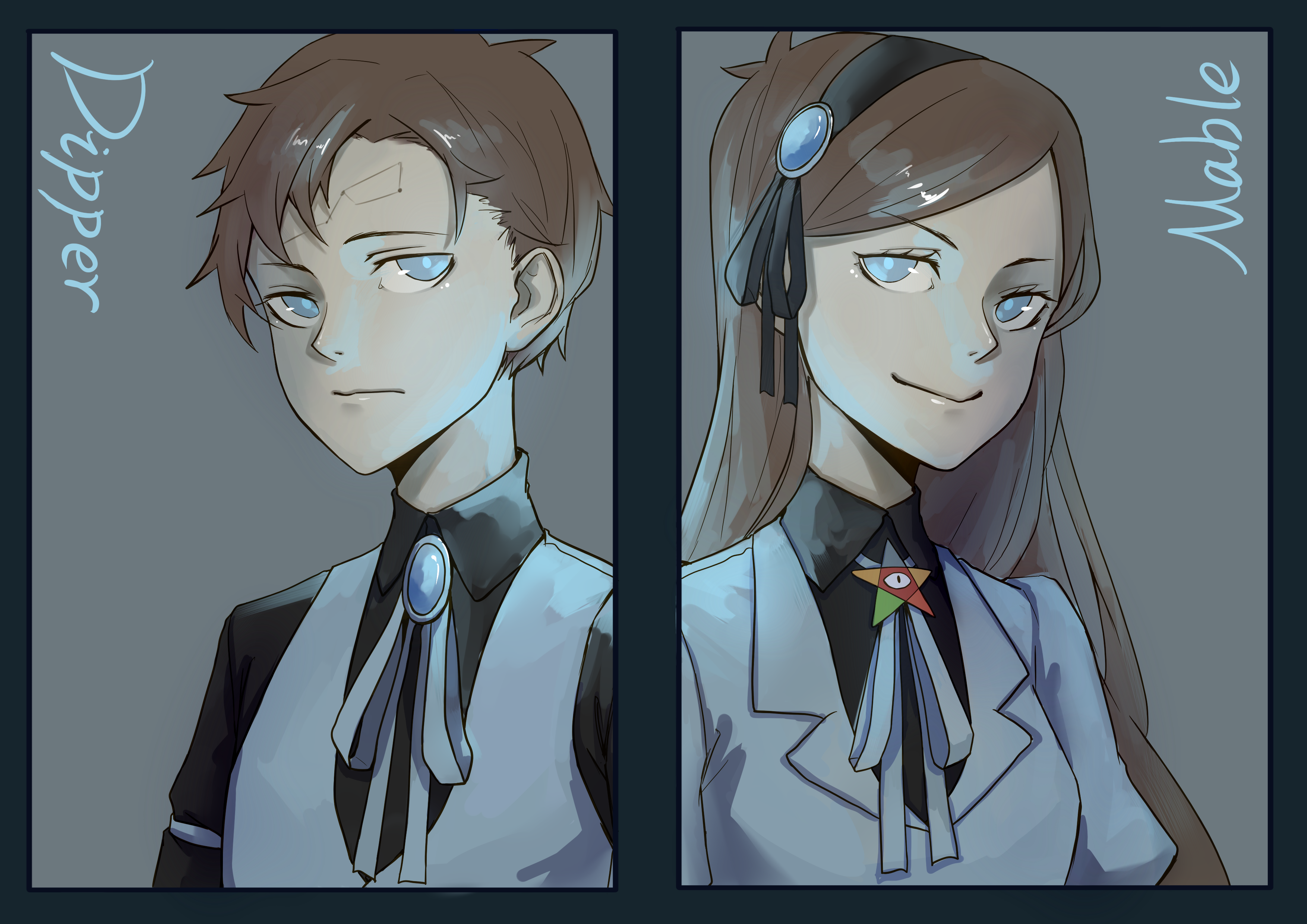 1boy 1girl absurdres aqua_eyes aqua_vest ascot big_dipper blue_border border brooch brother_and_sister brown_hair collared_shirt constellation dark_persona dipper_gleeful dipper_pines facial_mark forehead_mark formal_clothes gem gravity_falls grey_background hair_ornament hairband highres jewelry long_hair mabel_gleeful mabel_pines mr.c_(bchana) pentagram shirt short_hair siblings side-by-side swept_bangs twins vest