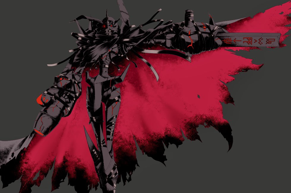 arm_blade arm_cannon ayato_mabu battle_damage broken_horn cape cowboy_shot digimon digimon_(creature) glowing glowing_eyes grey_background horns mecha omegamon_zwart_defeat red_cape red_eyes robot simple_background weapon