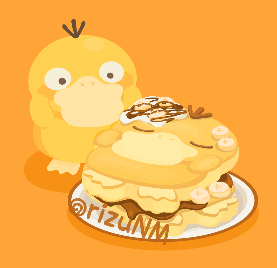 artist_name banana banana_slice brown_eyes character-themed_food chocolate_syrup closed_eyes commentary_request food fruit gen_1_pokemon hands_on_own_cheeks hands_on_own_face hands_up nintendo no_humans orange_background pancake plate pokemon pokemon_(creature) psyduck rizu_(rizunm) shadow simple_background solo twitter_username