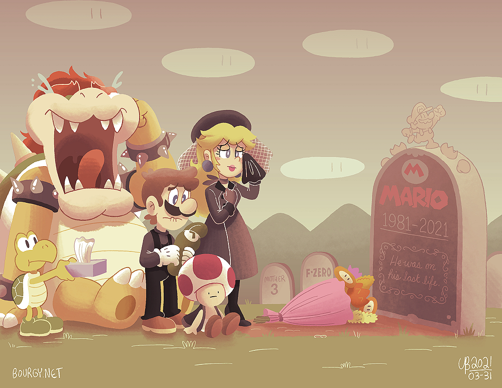 1girl 3boys black_dress blonde_hair blue_eyes bouquet bowser brown_hair crying dress f-zero facial_hair fire_flower flower funeral hat unworn_hat unworn_headwear jumpman koopa_troopa luigi mario mario_(series) mother_(series) mother_3 mountain multiple_boys mustache nintendo open_mouth princess_peach red_hair sitting spikes standing super_mario_bros._1 super_mario_odyssey tears thebourgyman tissue tissue_box toad_(mario) tombstone