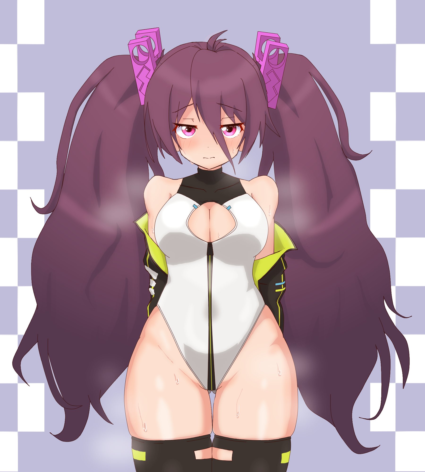 1girl alice_gear_aegis battle_girl_high_school black_jacket black_thighhighs breasts breath brown_hair checkered_background circle_cutout cleavage_cutout clothes_pin clothing_cutout companion/af covered_collarbone front_zipper full-length_zipper hair_between_eyes heattech_leotard highleg highleg_leotard highres jacket jacket_partially_removed large_breasts leotard long_hair multicolored_leotard penpeko race_queen red_eyes sleeveless_turtleneck_leotard solo thigh_gap thighhighs tsubuzaki_anko turtleneck twintails two-tone_leotard white_leotard zipper zipper_leotard zipper_pull_tab