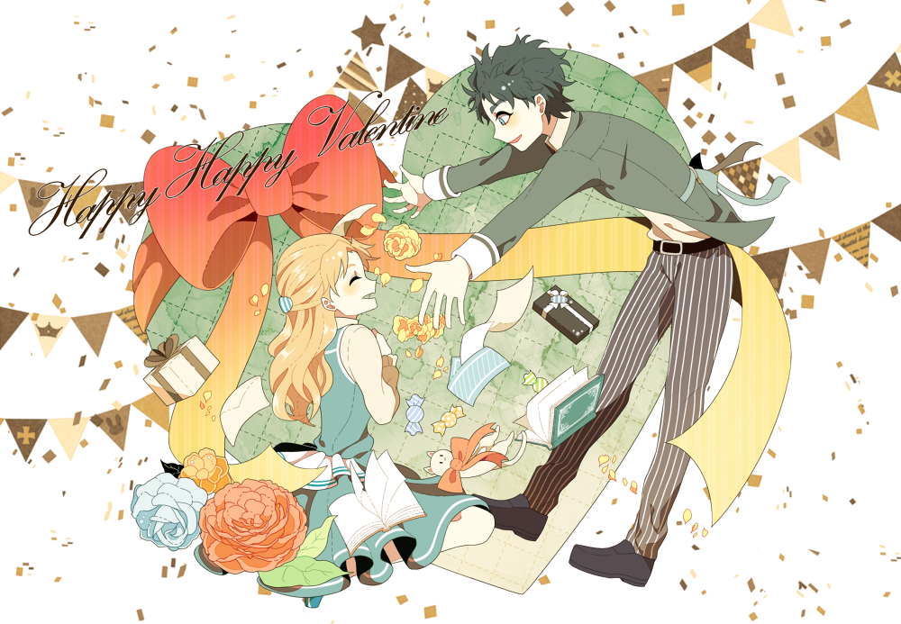 bad_id bad_pixiv_id black_hair blonde_hair blue_dress blue_eyes book box candy cat closed_eyes confetti dress envelope erina_pendleton flower food gift gift_box hair_ornament hairclip happy_valentine heart jacket jojo_no_kimyou_na_bouken jonathan_joestar open_mouth outstretched_arms pants ribbon rose shuntaro_(syun_gaomu) sitting smile star_(symbol) striped_clothes striped_pants triangle wariza