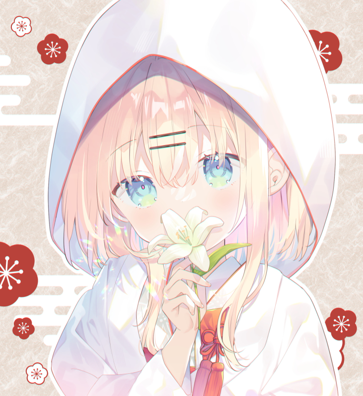 blonde_hair blue_eyes brown_background commentary_request covered_mouth egasumi floral_background flower hair_between_eyes hair_ornament hairclip hand_up holding holding_flower hood hood_up japanese_clothes kimono long_sleeves looking_at_viewer mayu_(yuizaki_kazuya) original uchikake upper_body white_flower white_kimono wide_sleeves yuizaki_kazuya