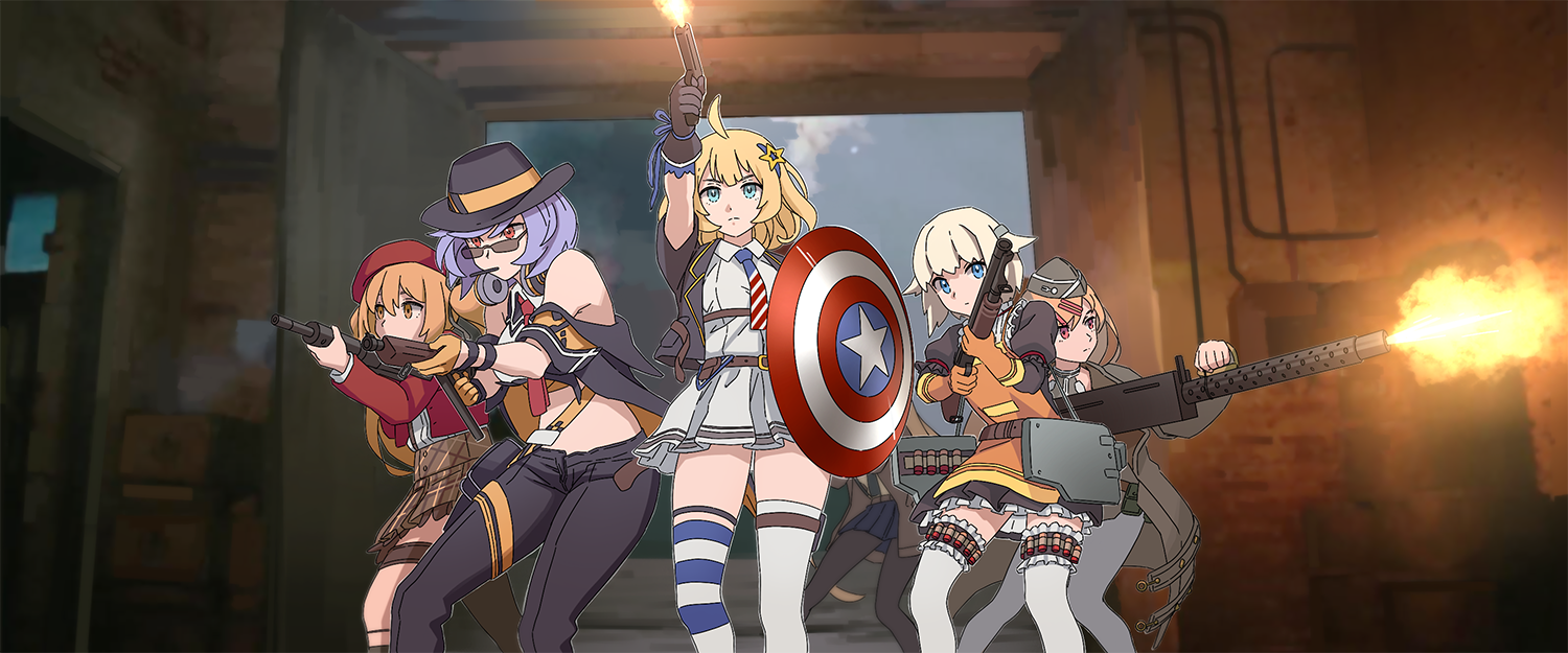 5girls ahoge american_flag asymmetrical_legwear beret blonde_hair blue_eyes blue_hair brown_hair browning_m1919 captain_america_(series) fedora girls'_frontline gun hair_ornament hairclip handgun hat holding holding_gun holding_weapon m1897_(girls'_frontline) m1911_(girls'_frontline) m1919a4_(girls'_frontline) machine_gun marvel medium_machine_gun mismatched_legwear multiple_girls necktie photo-referenced pleated_skirt pump_action shield shield_module shirt short_hair shotgun shotgun_shell skirt sten_gun sten_mkii_(girls'_frontline) submachine_gun sunglasses tab_(tabkun) thompson_(girls'_frontline) weapon white_shirt winchester_model_1897 world_war_ii