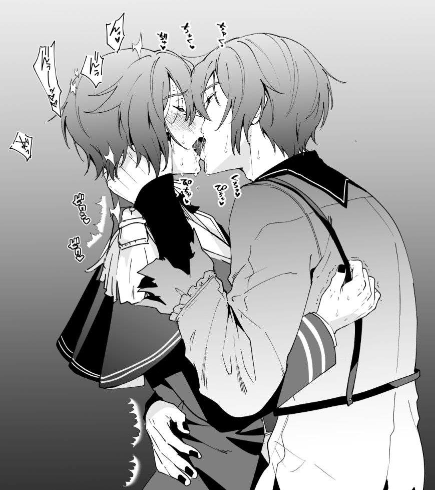 25-ji_kaito 2boys arm_behind_back arm_up black_jacket blush chest_harness closed_eyes couple cowboy_shot epaulettes french_kiss gradient_background grey_shirt greyscale hand_on_another&#039;s_face harness heart jacket kaito_(vocaloid) kiss layered_clothes long_sleeves male_focus monochrome motion_lines multiple_boys nail_polish project_sekai saliva selfcest sentea shirt sound_effects speech_bubble sweat sweatdrop torn_clothes trembling vocaloid wonderlands_x_showtime_kaito yaoi