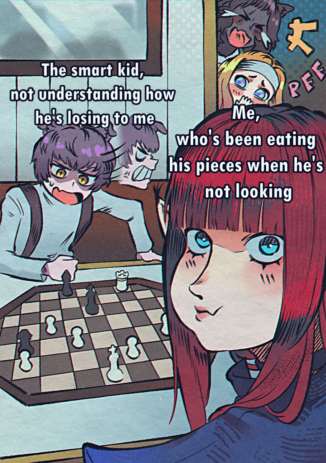 2boys 2girls andrich_galam animal_ears basilio_(metaphor:_refantazio) blonde_hair blue_eyes blunt_bangs board_game brown_hair chess chess_piece chessboard closed_eyes commentary dark-skinned_male dark_skin eating eating_the_chess_pieces_(meme) english_commentary english_text fang fidelio_(metaphor:_refantazio) hairband highres hime_cut hulkenberg_(metaphor:_refantazio) junah_(metaphor:_refantazio) laughing looking_at_viewer meme metaphor:_refantazio multiple_boys multiple_girls open_mouth pointy_ears red_hair shirt short_hair skin_fang suspenders white_hairband white_shirt yellow_eyes