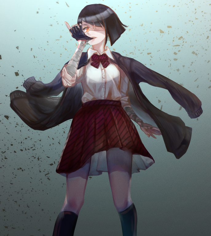 1girl ashes black_hair black_jacket bow chuunibyou collared_shirt diagonal_bangs eyepatch jacket jacket_on_shoulders komi-san_wa_komyushou_desu looking_at_viewer nakanaka_omoharu sayuumigi school_uniform shirt short_hair solo striped_bow white_shirt yellow_eyes