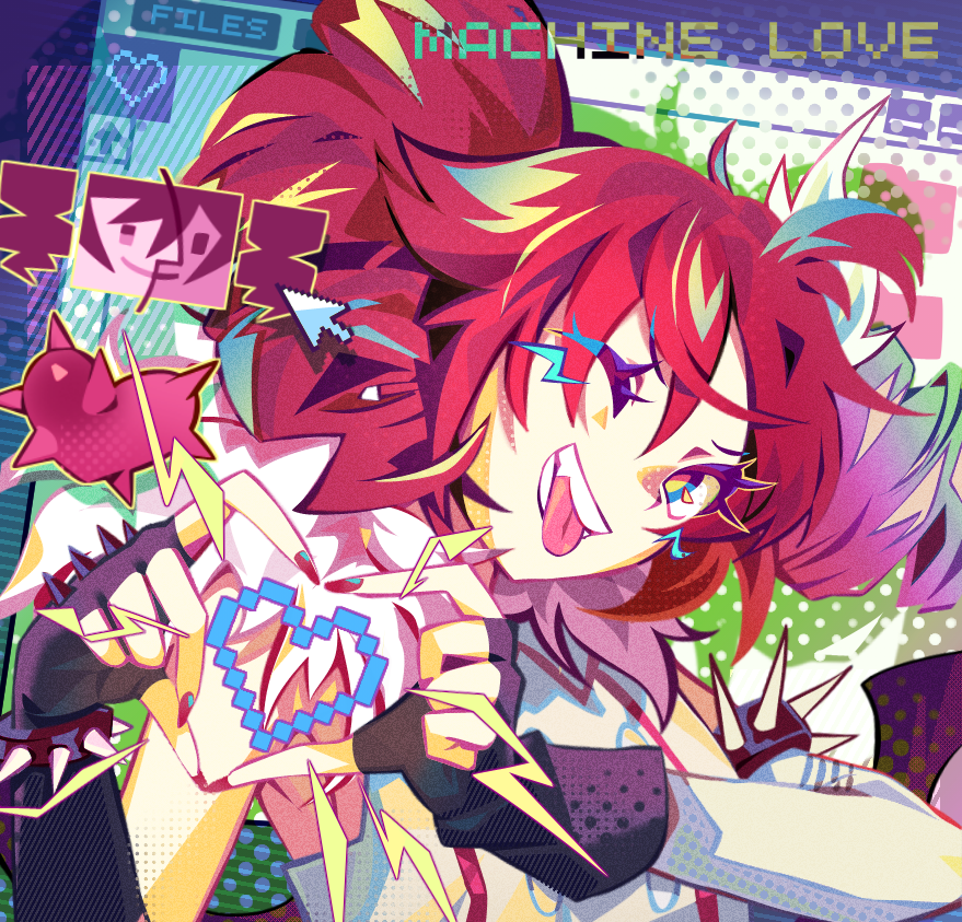 1girl alternate_costume armlet black_gloves blue_eyes bracelet detached_sleeves drill_hair fang fingerless_gloves fingernails fur-trimmed_shirt fur_trim gloves hair_between_eyes hair_ribbon heart heart_hands jewelry kasane_teto looking_at_viewer machine_love_(synthesizer_v) nova_borealis one_eye_closed red_hair red_nails ribbon shirt single_detached_sleeve smile solo spiked_armlet spiked_bracelet spiked_sleeves spikes teeth tongue tongue_out twin_drills upper_body utau white_background white_ribbon white_shirt white_sleeves window_(computing)