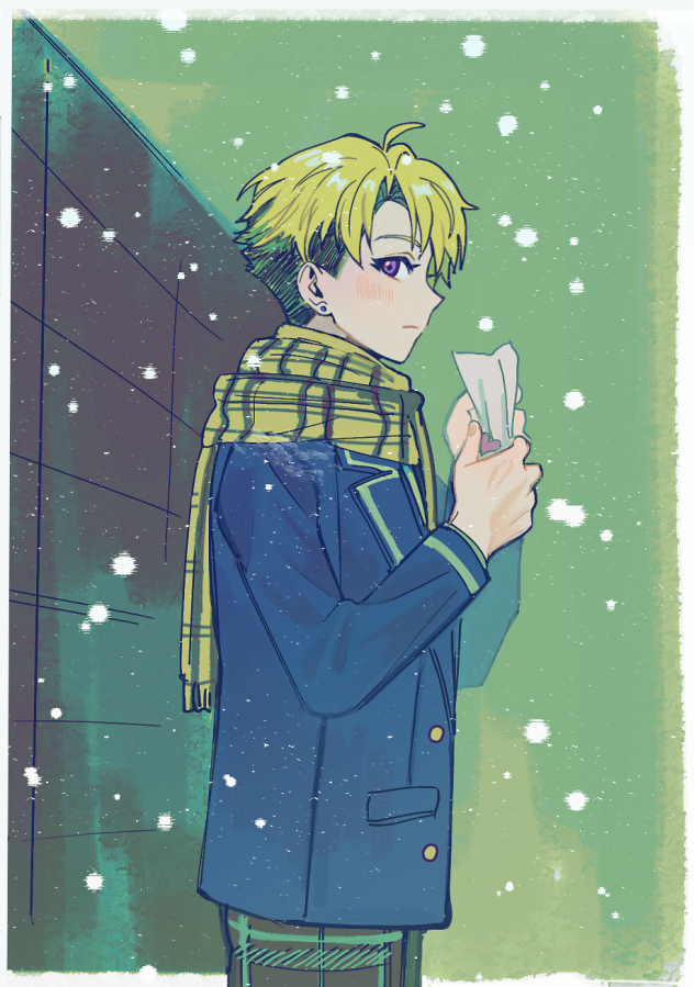 1boy ahoge black_pants blazer blonde_hair blue_jacket blush border curtained_hair dnm5rocfa8yskqw earrings ensemble_stars! eyelashes fingernails fringe_trim from_side hands_up hatching_(texture) holding holding_paper jacket jewelry lapels light_frown linear_hatching long_sleeves looking_at_viewer male_focus narukami_arashi notched_lapels outdoors outside_border pants paper parted_bangs plaid_clothes plaid_pants plaid_scarf profile purple_eyes scarf school_uniform short_hair snowing solo standing stud_earrings undercut white_border white_trim yellow_scarf yumenosaki_school_uniform