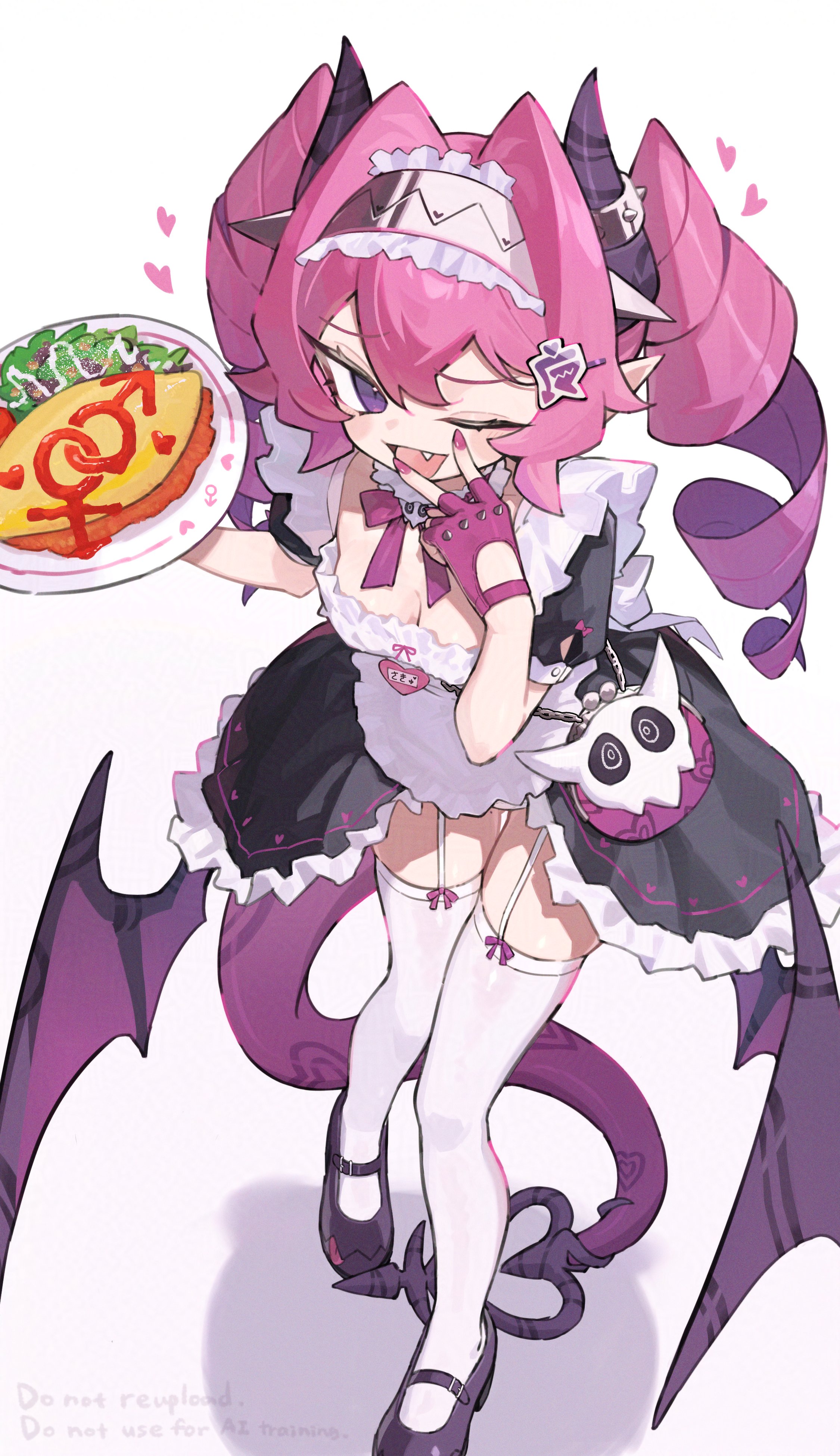 1girl absurdres adversarial_noise bat_wings black_shoes breasts cleavage demon_girl demon_tail dress drill_hair fang food food_writing frilled_headband garter_straps hair_ornament heart highres holding holding_plate interlocked_male-female_and_venus_symbols ketchup looking_at_viewer maid omelet omurice one_eye_closed open_mouth original plate pointy_ears pouch purple_eyes purple_hair purple_ribbon ribbon shoes solo spiked_knuckles tail thighhighs twin_drills v white_thighhighs wings zizi_niisan
