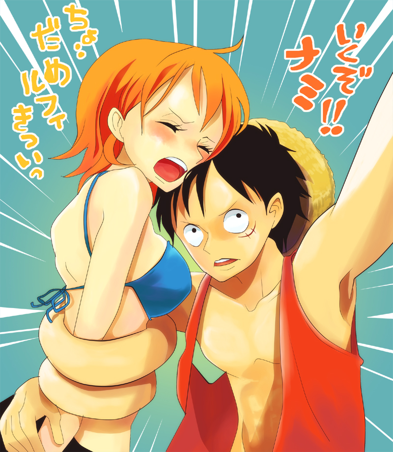 bikini bikini_top_only emphasis_lines closed_eyes hat himerinco monkey_d._luffy nami_(one_piece) one_piece open_mouth orange_hair scar short_hair straw_hat swimsuit translated upper_body
