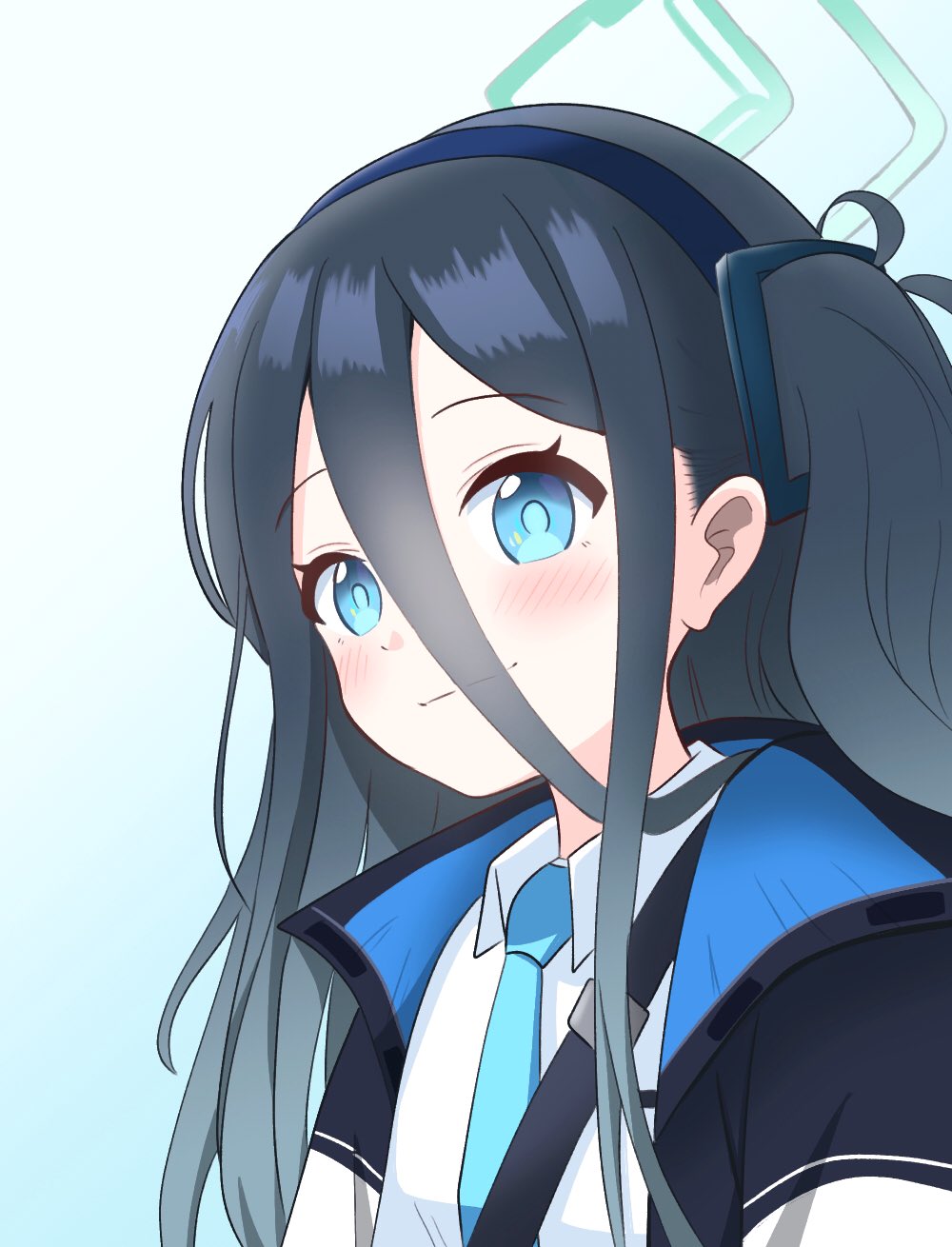 1girl aqua_background aqua_eyes aqua_halo aris_(blue_archive) black_hair black_hairband black_jacket blue_archive blue_jacket blue_necktie blush bright_pupils closed_mouth collared_shirt commentary double-parted_bangs gradient_background hair_between_eyes hairband halo heeya highres jacket korean_commentary long_bangs long_hair long_hair_between_eyes long_sidelocks looking_at_viewer multicolored_jacket necktie one_side_up open_clothes open_jacket rectangular_mouth shirt sidelocks smile solo two-tone_background upper_body white_background white_jacket white_shirt