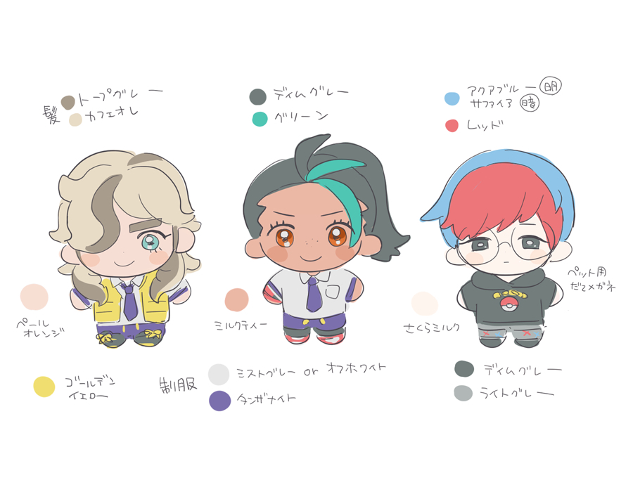 1boy 2girls 50yen_(gojiue) arven_(pokemon) blush_stickers boots breast_pocket chibi closed_mouth collared_shirt color_guide commentary_request eyelashes glasses hood hoodie long_hair multicolored_hair multiple_girls necktie nemona_(pokemon) nintendo no_sclera open_clothes open_vest pants pantyhose penny_(pokemon) pocket pokemon pokemon_sv ponytail purple_necktie purple_pants round_eyewear school_uniform shirt smile two-tone_hair vest yellow_vest