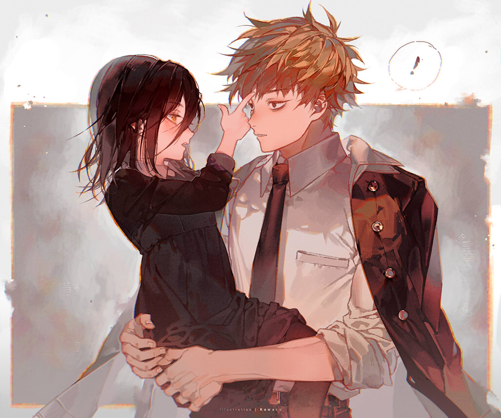 1boy 1girl black_dress blonde_hair chainsaw_man denji_(chainsaw_man) dress formal_clothes kawacy messy_hair nayuta_(chainsaw_man) necktie ringed_eyes shirt short_hair white_shirt