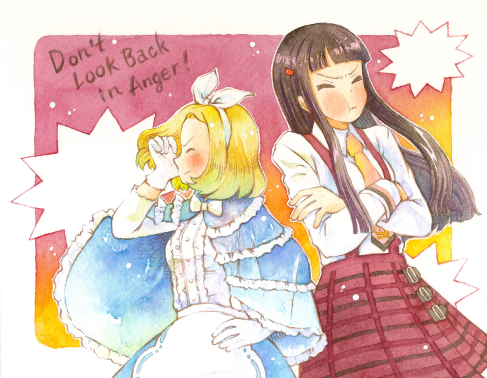 2girls angry blonde_hair blush brown_hair capelet center_frills classicaloid closed_eyes closed_mouth english_text frilled_capelet frills gloves hairband kankichi multiple_girls necktie painting_(medium) pout pyotr_illyich_tchaikovsky_(classicaloid) red_skirt shirt short_hair skirt suspenders tekla_badarzewska-baranowska_(classicaloid) traditional_media watercolor_(medium) white_gloves white_hairband white_shirt