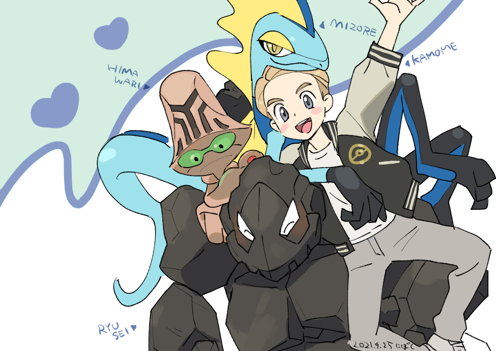 1boy :d alternate_eye_color alternate_hair_color arrow_(symbol) beheeyem blonde_hair blush coalossal commentary_request gen_5_pokemon gen_8_pokemon grey_eyes grey_footwear grey_pants heart inteleon jacket male_focus nibo_(att_130) nintendo open_clothes open_jacket open_mouth pants poke_ball_print pokemon pokemon_(creature) pokemon_swsh shirt shoes short_hair smile teeth tongue upper_teeth_only victor_(pokemon) white_shirt