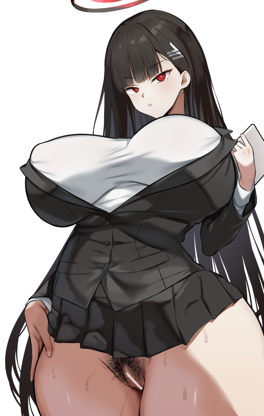 1girl bar_censor black_hair black_halo black_jacket black_skirt blazer blue_archive blush breasts bright_pupils censored crotchless crotchless_swimsuit female_pubic_hair from_below furau hair_ornament hairclip hairpin halo highres holding holding_tablet_pc jacket large_breasts long_hair long_sleeves looking_at_viewer open_mouth pleated_skirt pubic_hair pussy red_eyes red_slingshot_swimsuit rio_(blue_archive) skirt slingshot_swimsuit solo standing sweat swimsuit swimsuit_under_clothes tablet_pc very_long_hair white_pupils