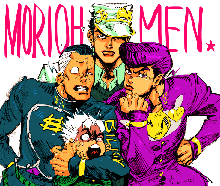 4boys ? bad_id bad_tumblr_id belt buttons clenched_teeth commentary crest diamond_wa_kudakenai dollar_sign earrings english_commentary gakuran green_belt green_jacket green_shirt group_picture hand_on_own_hip hat hat_over_one_eye higashikata_josuke hirose_koichi jacket jewelry jojo_no_kimyou_na_bouken kotteri kuujou_joutarou looking_at_viewer male_focus multiple_boys nijimura_okuyasu pompadour purple_eyes purple_hair purple_jacket red_lips school_uniform shirt short_hair simple_background strangling teeth thick_eyebrows upper_body white_background white_hair yellow_shirt