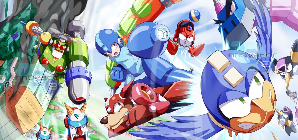 aerial_battle angry arm_cannon attack auto_(mega_man) battle beat_(mega_man) capcom day eddie_(mega_man) flying helmet horns mega_man_(character) mega_man_(classic) mega_man_(series) mega_man_8 no_humans non-humanoid_robot robot robot_ears rush_(mega_man) sky weapon wings