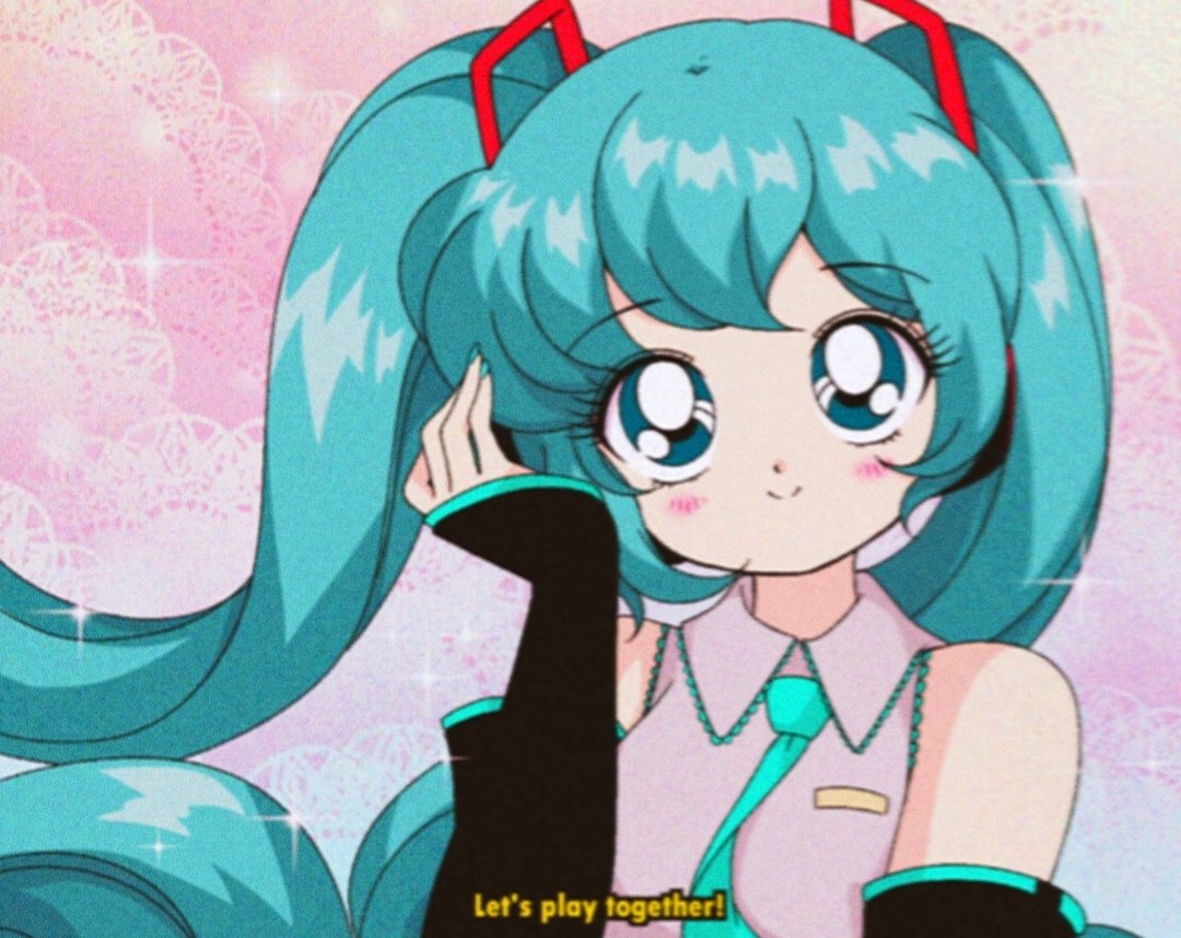 1990s_(style) 1girl aqua_eyes aqua_hair aqua_nails aqua_necktie bad_id bad_twitter_id bare_shoulders bishoujo_senshi_sailor_moon black_sleeves breast_pocket closed_mouth collared_shirt commentary detached_sleeves dot_nose english_commentary english_text eyelashes fake_screenshot faux_retro_artstyle film_grain floating_hair grey_shirt hair_ornament hand_on_headphones happy hatsune_miku headphones honeymoonpetal lace lace-trimmed_shirt lace_background lace_trim light_blush long_hair long_sleeves looking_at_viewer nail_polish necktie parody pink_background pocket retro_artstyle shirt sleeveless sleeveless_shirt sleeves_past_wrists smile solo sparkle style_parody tareme twintails upper_body very_long_hair vocaloid wind