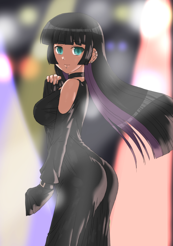 1girl aqua_eyes barbell_piercing black_choker black_dress black_hair blunt_bangs bocchi_the_rock! breasts choker closed_mouth colored_inner_hair cowboy_shot detached_sleeves dress ear_piercing earrings ears_visible_through_hair from_side goth_fashion hime_cut indoors industrial_piercing jewelry kyouno_aki labret_piercing large_breasts lip_piercing long_sleeves looking_at_viewer mouth_piercing multicolored_hair pa-san piercing purple_hair sidelocks sleeves_past_fingers sleeves_past_wrists smile solo stage_lights two-tone_hair