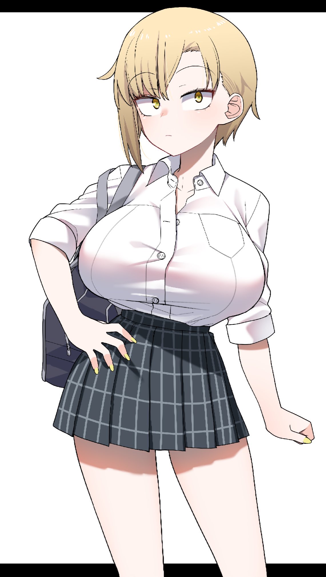 1girl akitokage bag black_bag black_skirt blonde_hair breasts collared_shirt hand_on_own_hip highres large_breasts original partially_unbuttoned plaid_clothes plaid_skirt school_bag school_uniform shadow shirt short_hair skirt solo white_shirt yellow_eyes yellow_nails
