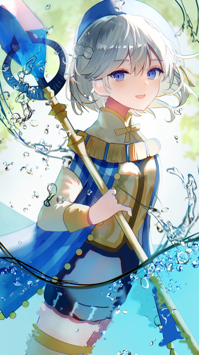 1girl afk_(series) afk_journey air_bubble blue_cloak blue_eyes blue_hat blue_shorts brown_vest bubble cassadee_(afk) cloak commentary commentary_request cowboy_shot crystal grey_hair grey_thighhighs hair_between_eyes hat hat_tassel highres holding holding_staff hydrokinesis long_sleeves looking_at_viewer mage_staff necktie open_mouth sakizaki_saki-p shirt short_hair shorts smile solo staff standing striped_clothes thighhighs vertical-striped_clothes vest wading water white_shirt yellow_necktie