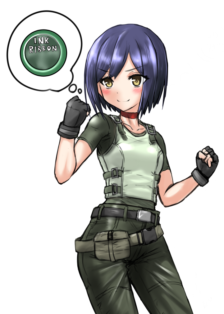 1girl blue_hair blush choker closed_mouth cosplay fingerless_gloves gloves looking_at_viewer nijisanji pochiiru_(uowou) rebecca_chambers rebecca_chambers_(cosplay) resident_evil shizuka_rin short_hair simple_background smile solo virtual_youtuber white_background yellow_eyes