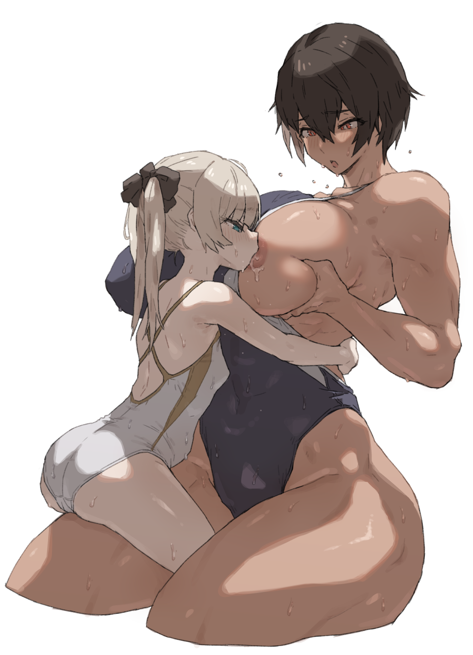 2girls assertive_female blonde_hair blue_eyes breasts brown_hair carrying carrying_person competition_school_swimsuit competition_swimsuit dark-skinned_female dark_skin dated_commentary gym_uniform height_difference highres humping kei_(m_k) large_breasts long_hair m_k multiple_girls muscular muscular_female one-piece_swimsuit original red_eyes rika_(m_k) school_swimsuit short_hair simple_background size_difference straddling sweat swimsuit tall_female tan thigh_straddling tomboy tongue tongue_out yuri