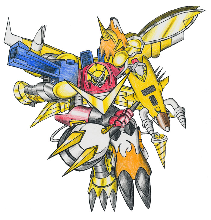 digimon digimon_(creature) drill flying fusion horns microphone shoutmon_x7