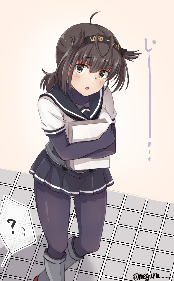 1girl ahoge anchor_symbol black_bodysuit black_skirt bodysuit book brown_hair clothes_writing corset female_focus hachimaki hair_flaps hairband hatsuzuki_(kancolle) headband kantai_collection looking_at_viewer meguru_(megurunn) neckerchief pantyhose pleated_skirt school_uniform serafuku short_hair skirt solo tile_floor tiles twitter_username