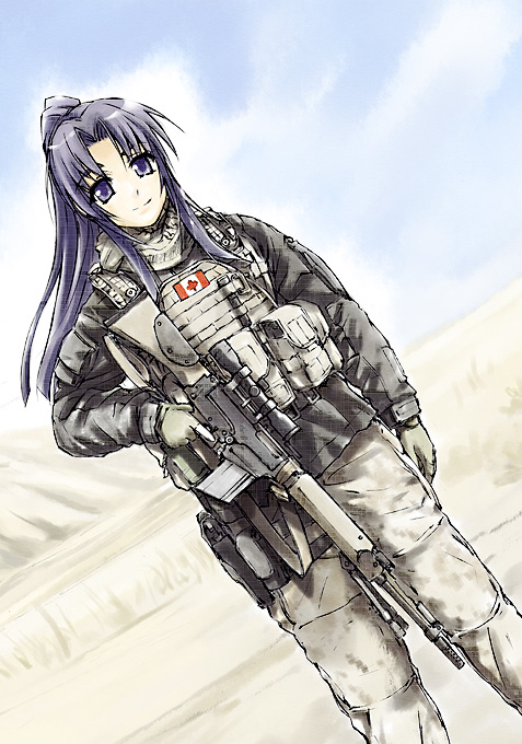 00s 1girl asakura_ryoko bad_id bad_pixiv_id battle_rifle blue_eyes blue_hair camouflage canada canadian_army canadian_forces digital_camouflage female_focus funeral_(artist) gun handgun holster load_bearing_vest long_hair matching_hair/eyes military military_combat_uniform military_operator military_uniform pistol ponytail rifle scope semi-automatic_pistol solo sumisi suzumiya_haruhi_no_yuuutsu weapon