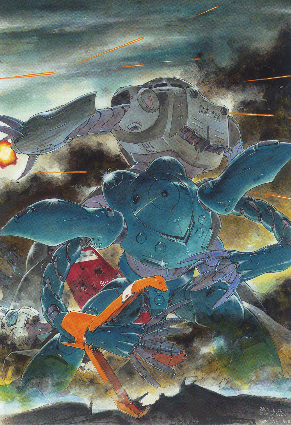 1980s_(style) 2004 battle claws cloud dark_clouds dated destruction firing gm_cold_districts_type gundam gundam_0080 gundam_ace highres hygogg kondou_kazuhisa mecha mecha_focus mobile_suit official_art oldschool promotional_art retro_artstyle robot scan signature smoke traditional_media when_you_see_it wreckage z&#039;gok z&#039;gok-e zeon