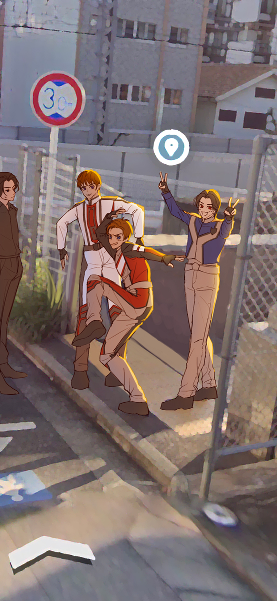 4boys black_hair brown_hair double_v google_maps google_street_view high_school_girls_posing_for_google_street_view_(meme) highres madoka_daigo male_focus meme multiple_boys photo_background sidewalk sign ultra_series ultraman_dyna_(series) ultraman_gaia_(series) ultraman_tiga_(series) uniform v