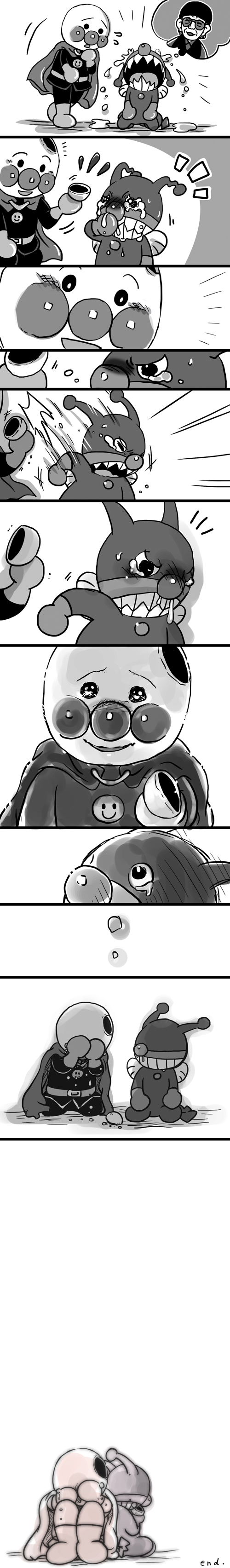 2boys absurdres anpanman anpanman_(character) baikinman bread cape comic crying food glasses gloves greyscale hat highres long_image monochrome multiple_boys raku220p tall_image tears yanase_takashi