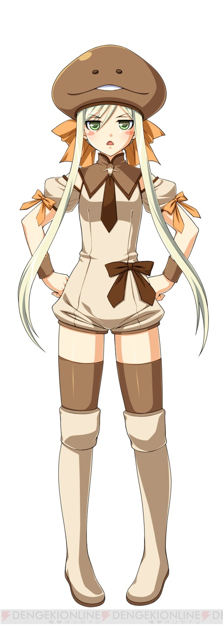 &gt;:o :o artist_request blonde_hair blush_stickers boots bow brown_boots cosplay dengeki green_eyes hair_between_eyes hair_bow hands_on_own_hips hat highres kigurumi long_hair looking_at_viewer mushroom nameko_(osawari_tantei) namekogurumi necktie official_art open_mouth puffy_short_sleeves puffy_sleeves ring_dream short_sleeves simple_background solo thighhighs v-shaped_eyebrows white_background wrist_cuffs