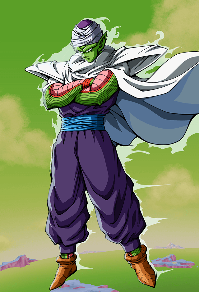 1boy aura black_eyes cape colored_skin crossed_arms dragon_ball flying green_skin namek namekian official_art piccolo pointy_ears serious solo