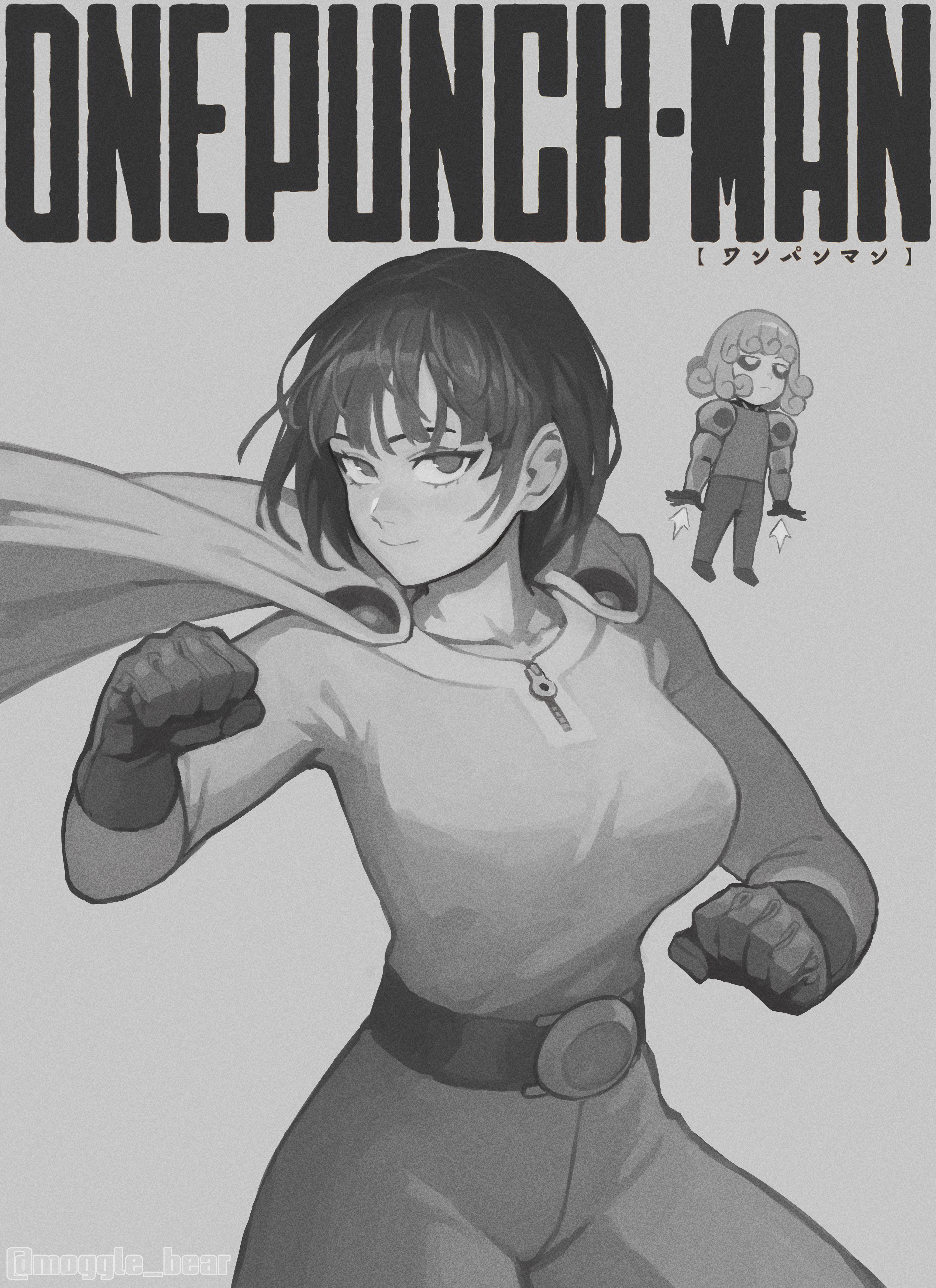 2girls absurdres artist_name belt belt_buckle buckle cape clenched_hands closed_mouth copyright_name cosplay female_focus fubuki_(one-punch_man) genos genos_(cosplay) gloves highres long_sleeves looking_at_viewer mogglebear monochrome multiple_girls one-punch_man saitama_(one-punch_man) saitama_(one-punch_man)_(cosplay) smile tatsumaki twitter_username zipper